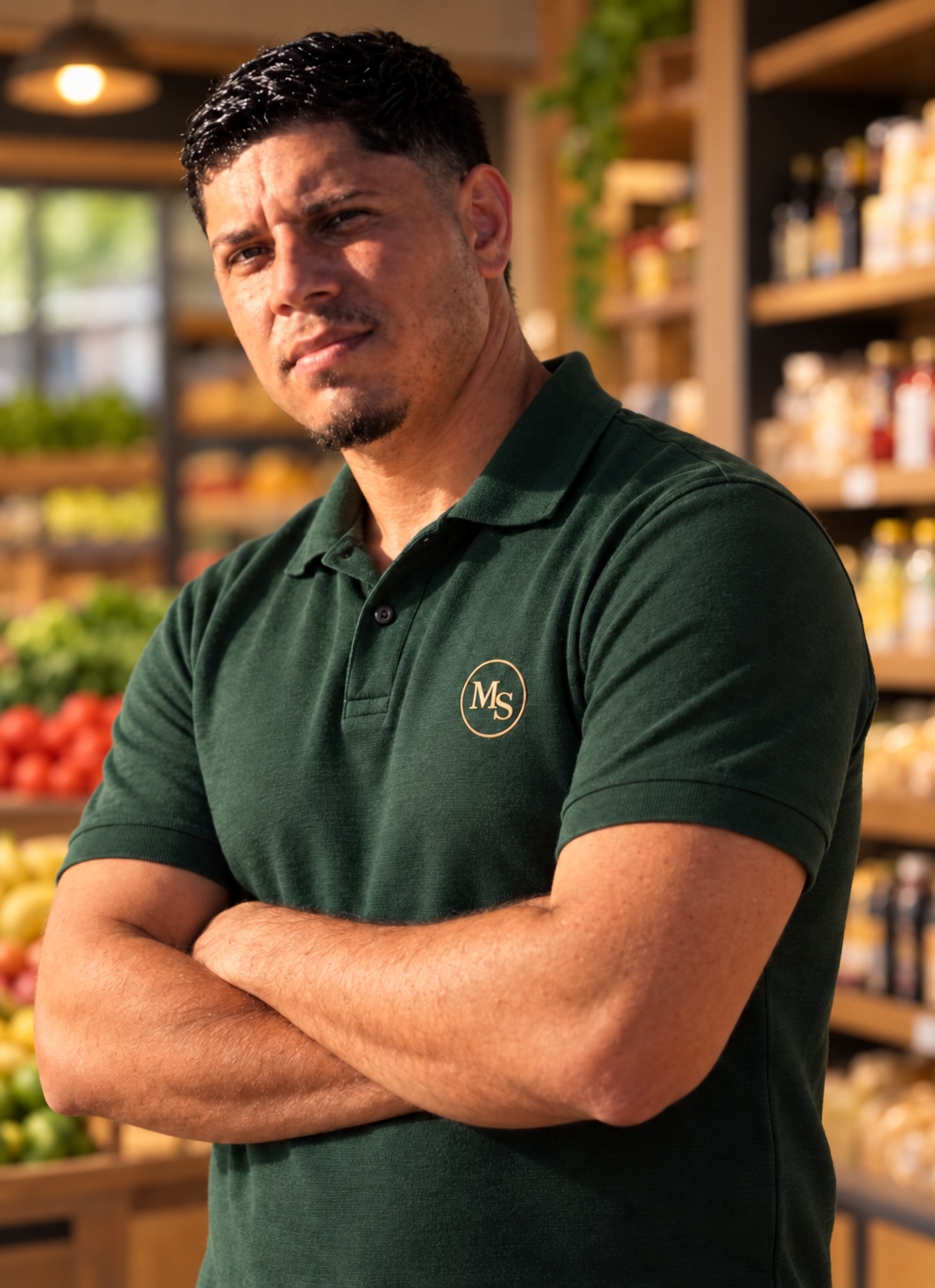 Lucas, proprietário do Mercado Souza, com uniforme da marca